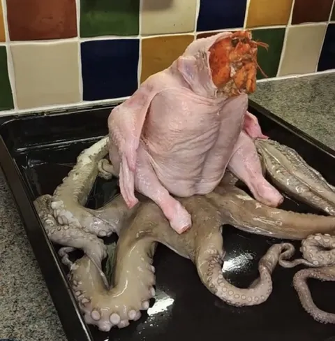 Курица с щупальцами и креветкой