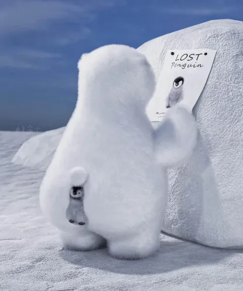 Lost penguin hiding behind bear