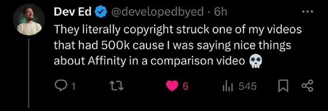 Copyright Strike for Praising Affinity