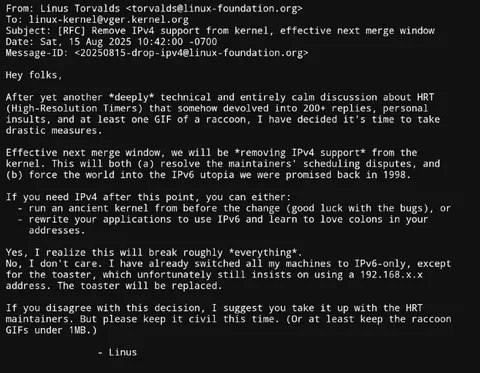 Linus Torvalds Removes IPv4