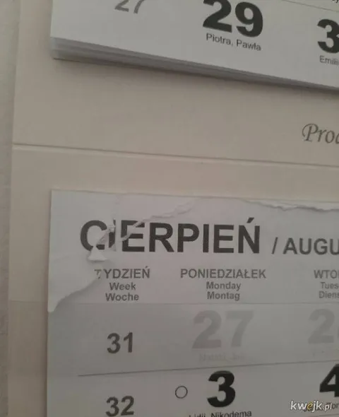 Kalendarz, który cierpi w sierpniu