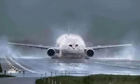 Кот-самолёт на взлётной полосе