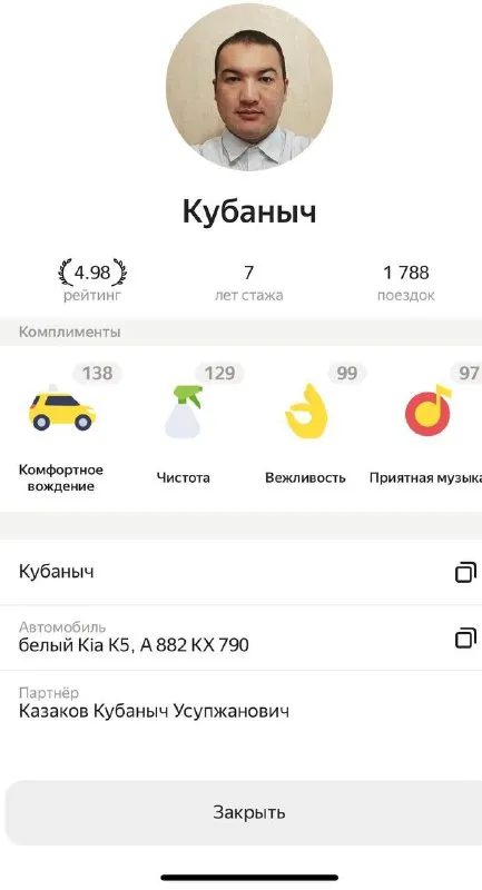 Профиль водителя Кубаныч