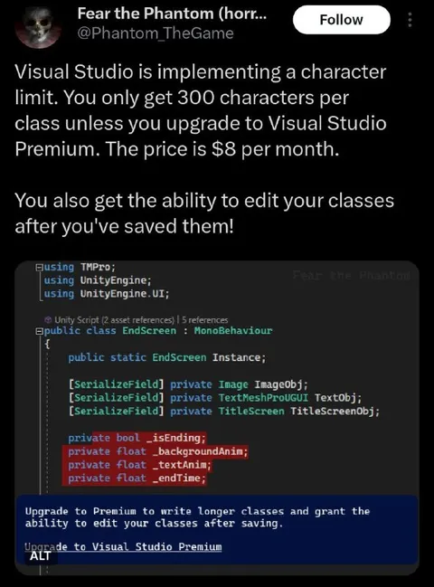 Visual Studio Character Limit Joke