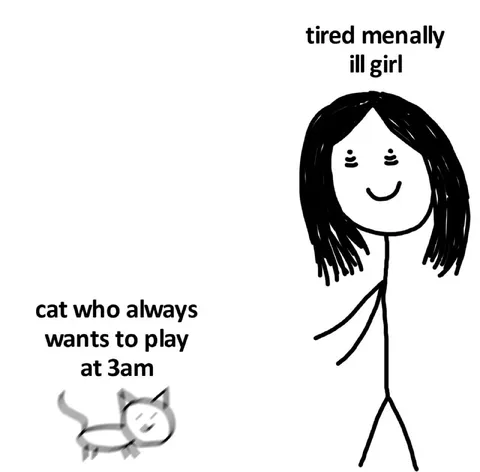 Tired Girl and Playful Cat