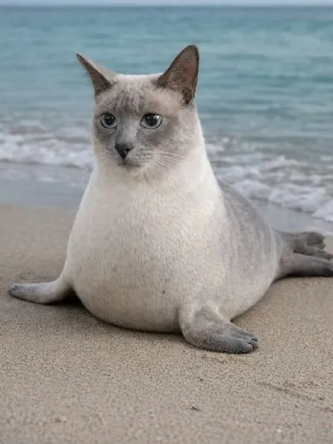 Кот-тюлень на пляже