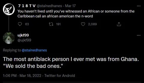 Ghanaian anti-black Twitter reply