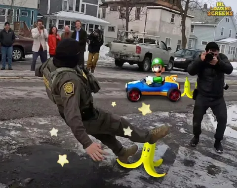 Луиджи сбивает солдата бананами