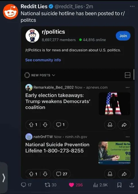 National Suicide Hotline Posted to Politics