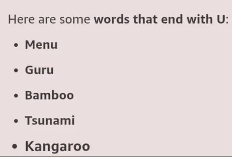 Words Ending With U