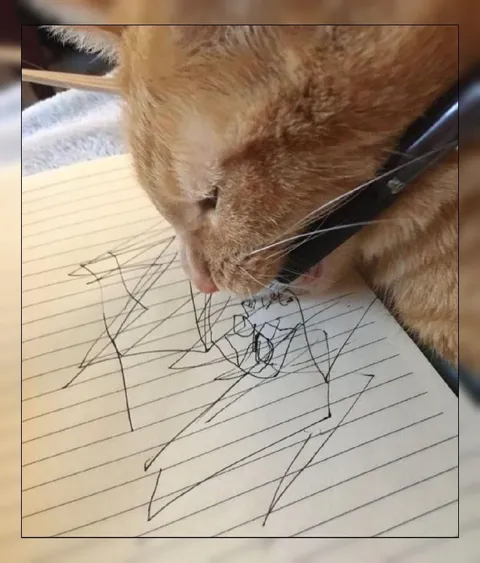 Кот рисует на блокноте