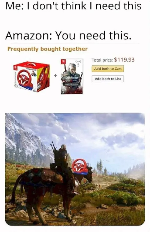 Amazon recommends a steering wheel for Witcher