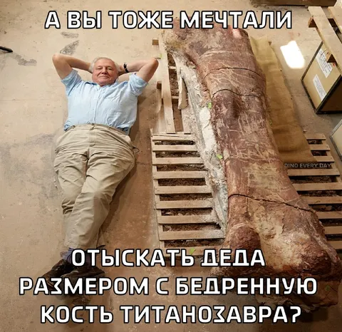Дед рядом с костью титанозавра