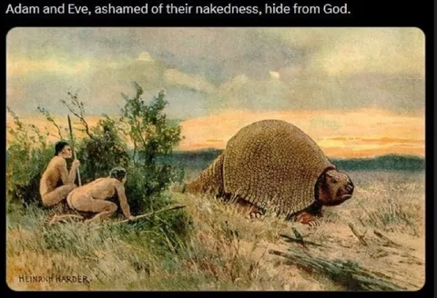 Adam and Eve Hide Behind Armadillo