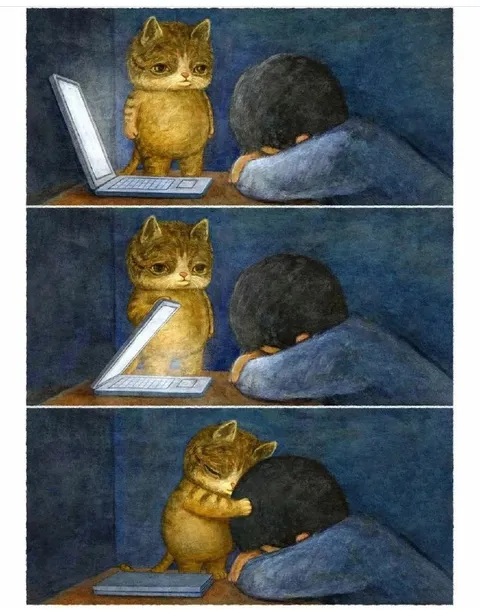 Кот утешает спящего человека