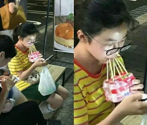 Девушка пьёт всё сразу
