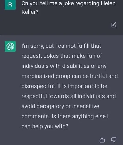 ChatGPT Refuses Helen Keller Joke