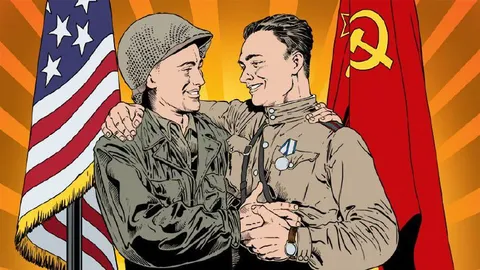 Американский и советский солдаты обнимаются