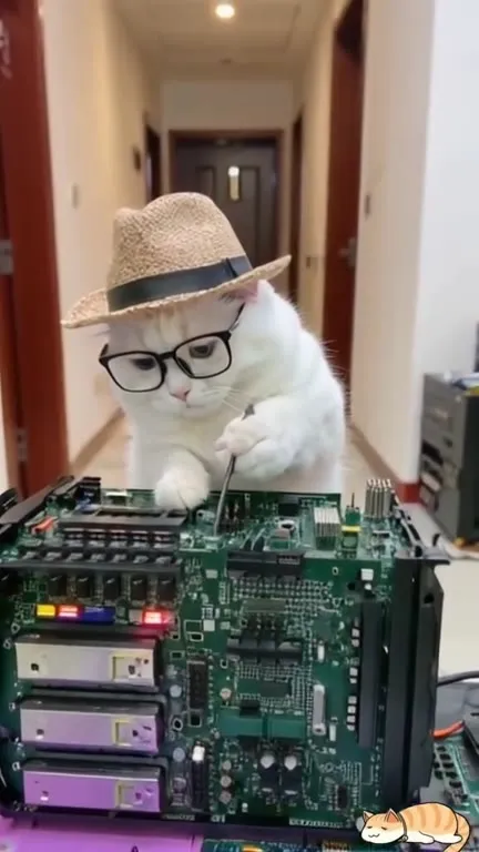 Кот чинит компьютер