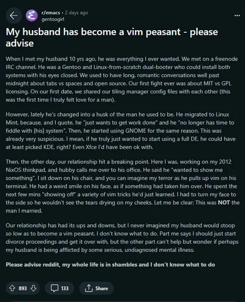 My husband has become a vim peasant