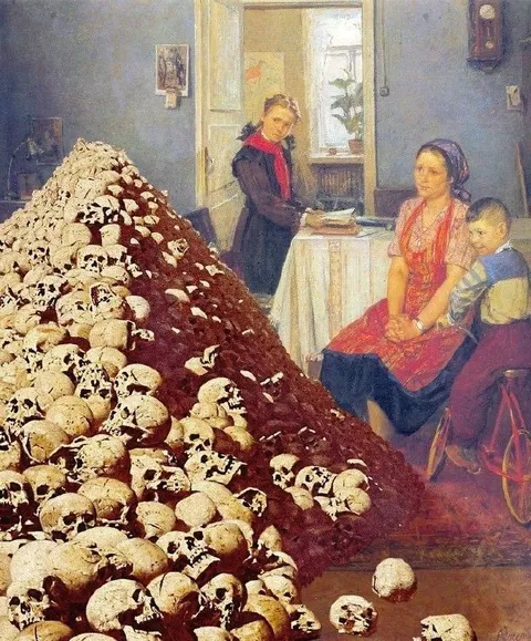 Семья на фоне горы черепов