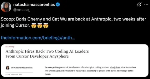 Anthropic нанимает лидеров Cursor обратно