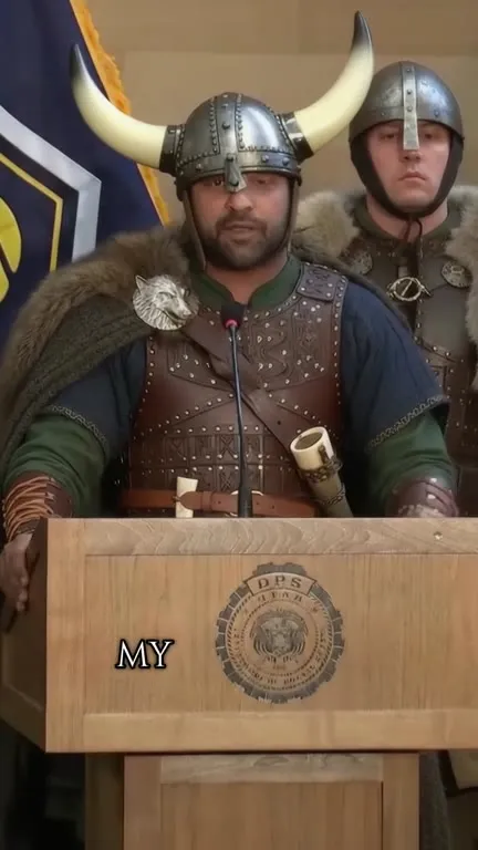 Viking Blows Horn at Podium