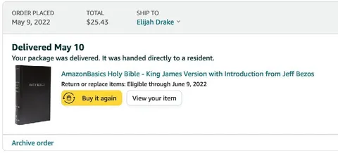 Amazon Holy Bible Delivered to Drake