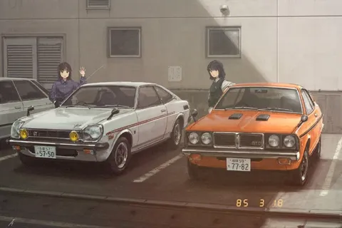 駐車場の旧車と女子高生