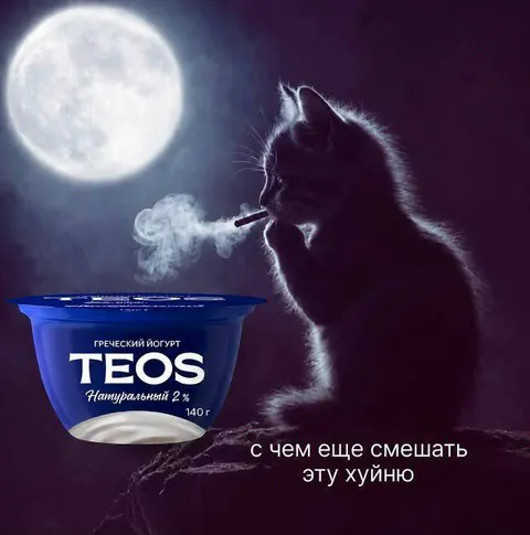 Кот смешивает йогурт с чем угодно