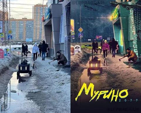Мужчино убирает снег