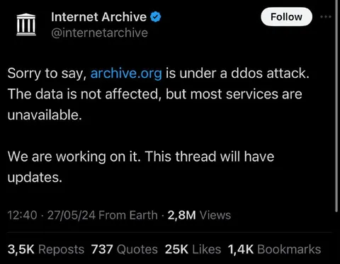 Internet Archive Under DDoS Attack