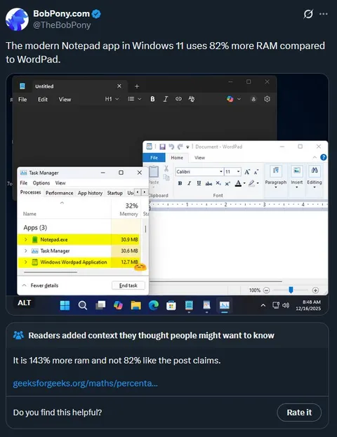 Windows 11 Notepad RAM Usage