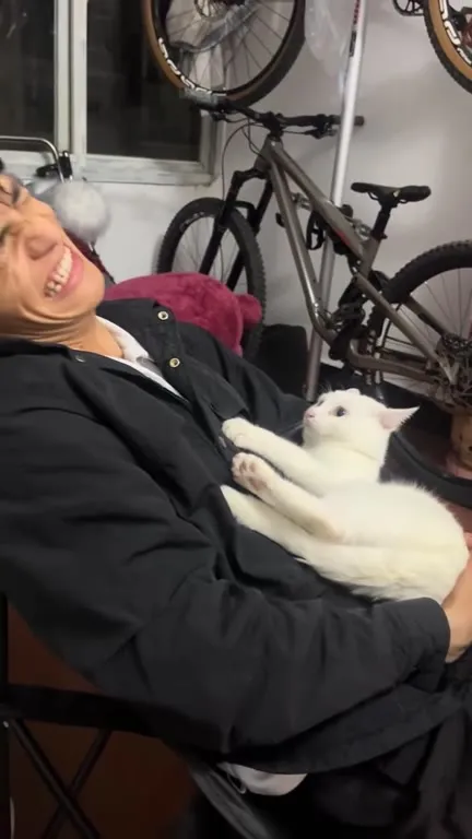 Кот на руках у смеющегося мужчины