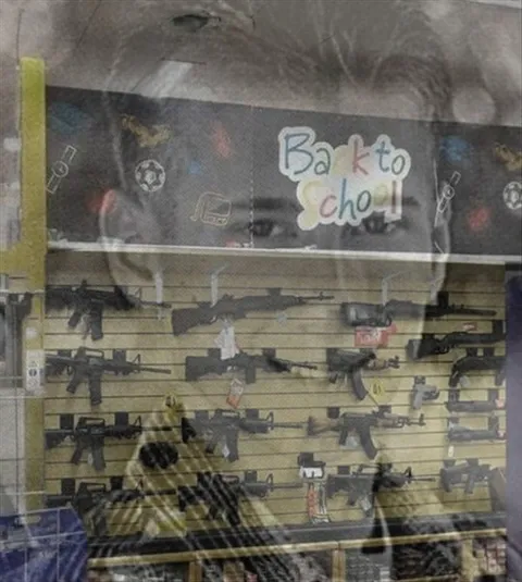 Dog Reflected in Gun Shop