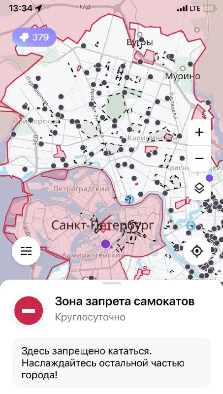 Зона запрета самокатов в Петербурге