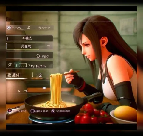 謎のゲームで麺を食べる女性