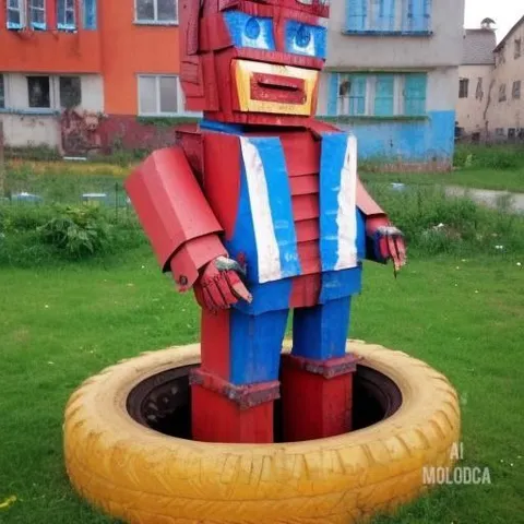 Робот из шин во дворе