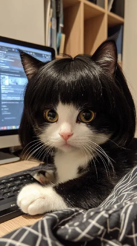 Кот за компьютером с причёской