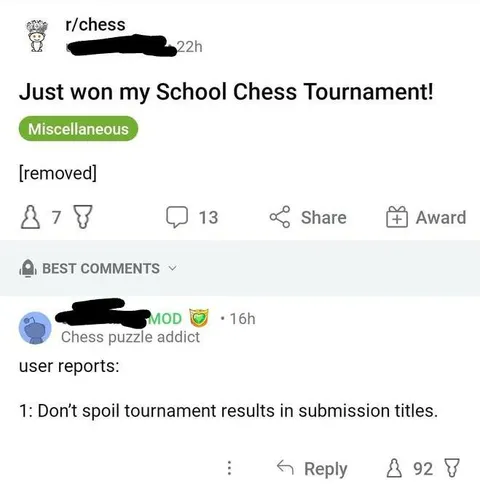 School Chess Tournament Results