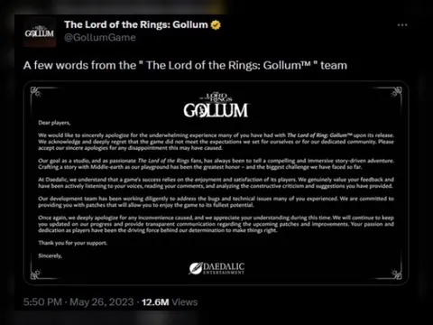 Gollum game apology letter