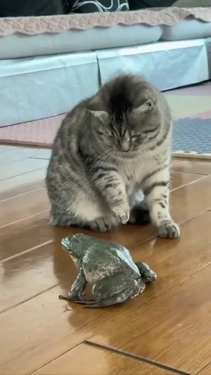 Лягушка пугает кошек