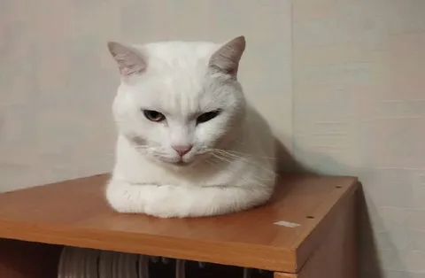 Белый кот с серьёзным взглядом