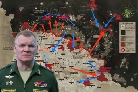 Конашенков показывает карту наступления