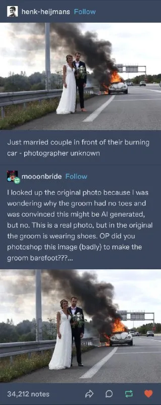 Barefoot Groom by Burning Car