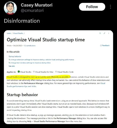 Visual Studio Startup Disinformation