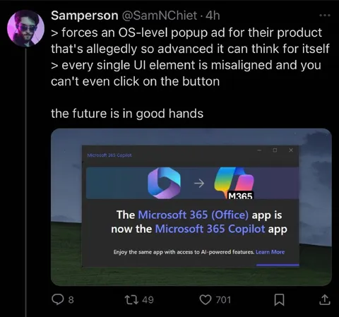 Microsoft 365 Copilot Misaligned Popup