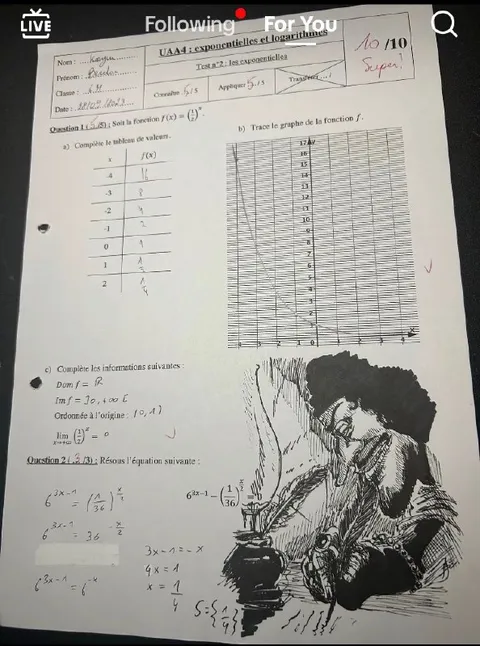 Contrôle de maths noté 10/10