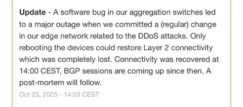 Major Network Outage Update