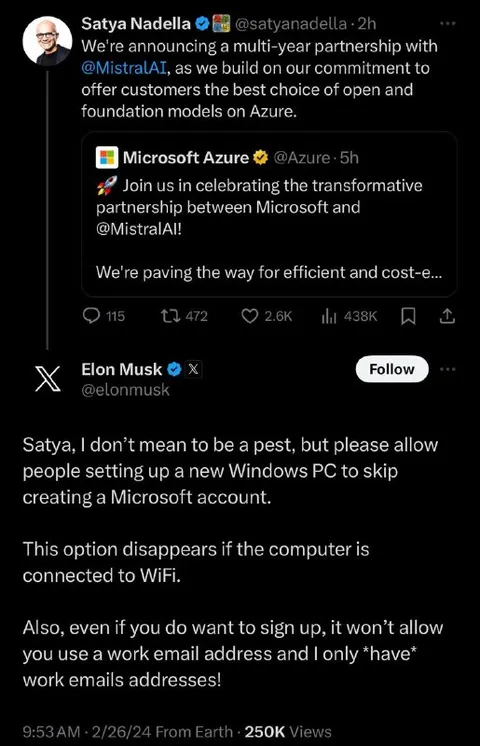 Elon Musk hates Microsoft accounts